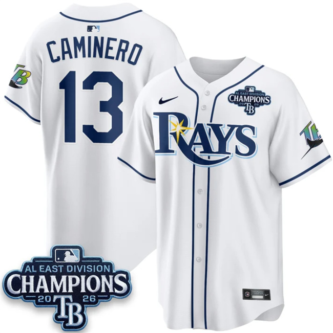 Tampa Bay Rays #13 Junior Caminero White 2026 AL East Champions Patch Limited Stitched Baseball Jersey Tampa Bay Rays #13 Junior Caminero White 2026 AL East Champions Patch Limited Stitched Baseball Jersey