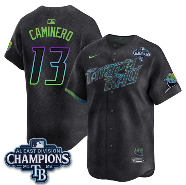 Tampa Bay Rays #13 Junior Caminero Charcoal 2026 AL East Champions Patch City Connect Limited Stitched Baseball Jersey Tampa Bay Rays #13 Junior Caminero Charcoal 2026 AL East Champions Patch City Connect Limited Stitched Baseball Jersey