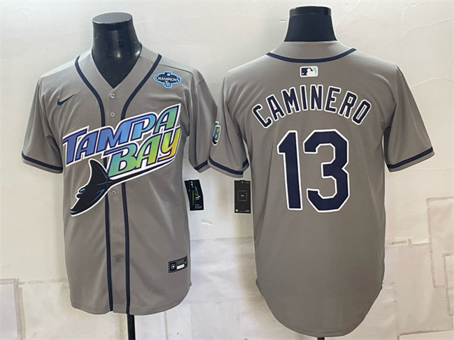 Tampa Bay Rays #13 Junior Caminero Gray 2026 AL East Champions Patch Vapor Limited Stitched Baseball Jersey Tampa Bay Rays #13 Junior Caminero Gray 2026 AL East Champions Patch Vapor Limited Stitched Baseball Jersey