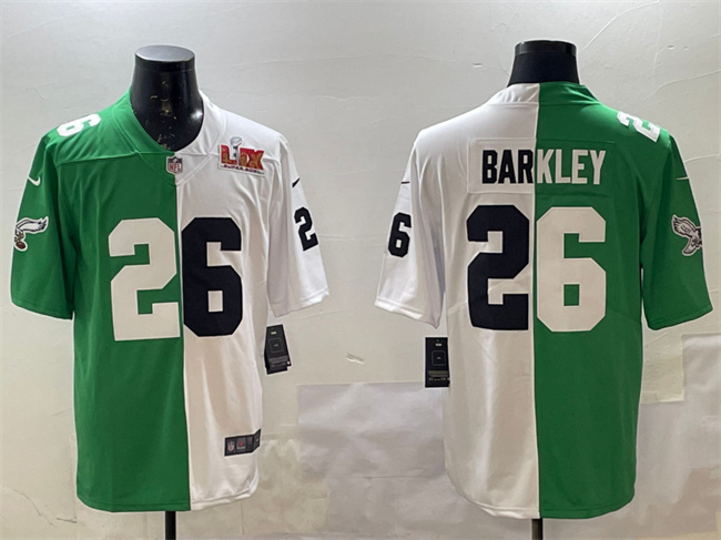 Philadelphia Eagles #26 Saquon Barkley Green White Split 2025 Super Bowl LIX Patch Vapor Untouchable Limited Football Stitched Jersey Philadelphia Eagles #26 Saquon Barkley Green White Split 2025 Super Bowl LIX Patch Vapor Untouchable Limited Football Stitched Jersey