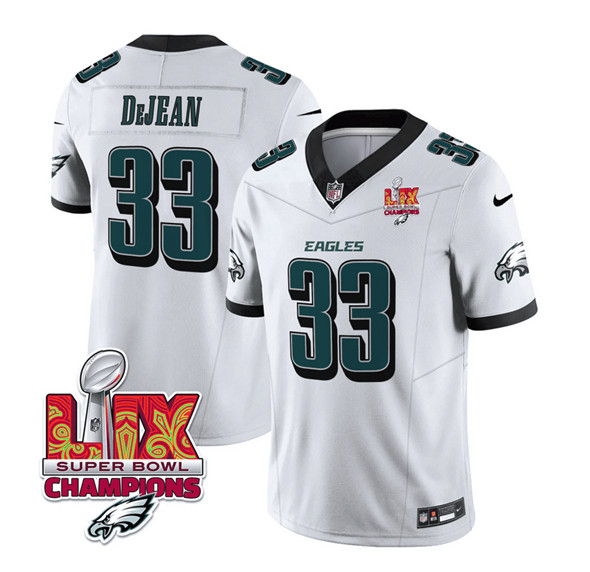 Philadelphia Eagles #33 Cooper DeJean White 2025 Eagles Logo Super Bowl LIX Patch New F.U.S.E. Vapor Untouchable Limited Football Stitched Jersey Philadelphia Eagles #33 Cooper DeJean White 2025 Eagles Logo Super Bowl LIX Patch New F.U.S.E. Vapor Untouchable Limited Football Stitched Jersey