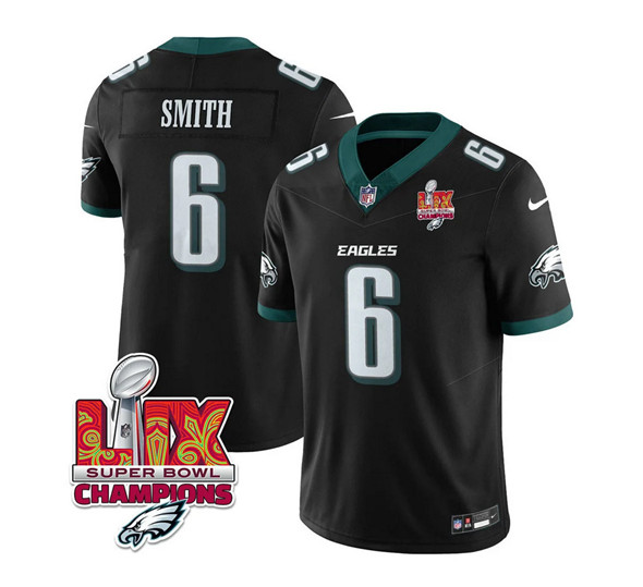 Philadelphia Eagles #6 DeVonta Smith Black 2025 Eagles Logo Super Bowl LIX Patch New F.U.S.E. Vapor Limited Football Stitched Jersey Philadelphia Eagles #6 DeVonta Smith Black 2025 Eagles Logo Super Bowl LIX Patch New F.U.S.E. Vapor Limited Football Stitched Jersey