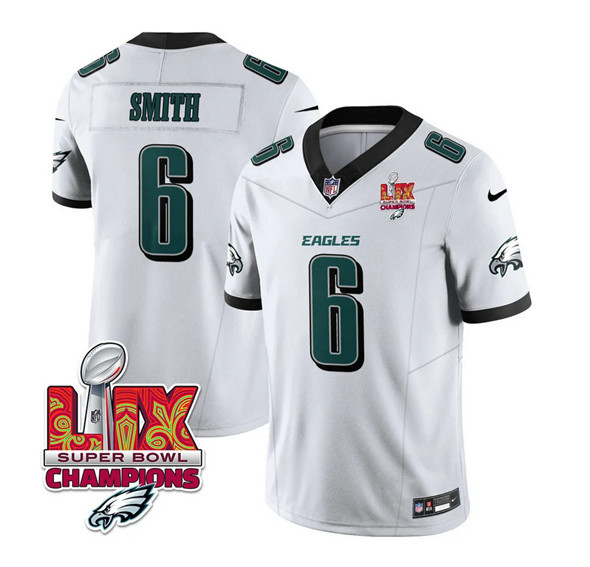 Philadelphia Eagles #6 DeVonta Smith White 2025 Eagles Logo Super Bowl LIX Patch New F.U.S.E. Vapor Untouchable Limited Football Stitched Jersey Philadelphia Eagles #6 DeVonta Smith White 2025 Eagles Logo Super Bowl LIX Patch New F.U.S.E. Vapor Untouchable Limited Football Stitched Jersey