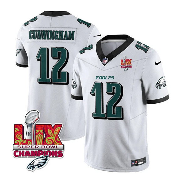 Philadelphia Eagles #12 Randall Cunningham White 2025 Eagles Logo Super Bowl LIX Patch New F.U.S.E. Vapor Limited Football Stitched Jersey Philadelphia Eagles #12 Randall Cunningham White 2025 Eagles Logo Super Bowl LIX Patch New F.U.S.E. Vapor Limited Football Stitched Jersey