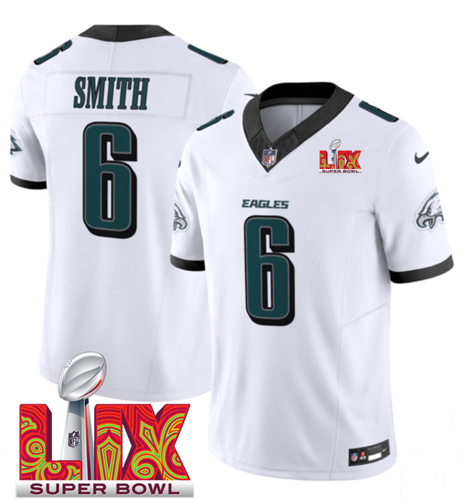 Philadelphia Eagles #6 DeVonta Smith White 2025 Super Bowl LIX Patch New F.U.S.E. Vapor Untouchable Limited Stitched Football Jersey Philadelphia Eagles #6 DeVonta Smith White 2025 Super Bowl LIX Patch New F.U.S.E. Vapor Untouchable Limited Stitched Football Jersey