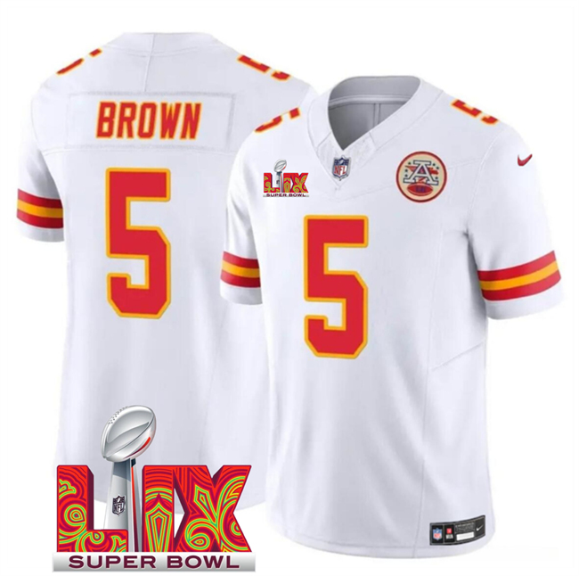 Kansas City Chiefs #5 Hollywood Brown White 2025 Super Bowl LIX Patch F.U.S.E. Vapor Limited Stitched Football Jersey Kansas City Chiefs #5 Hollywood Brown White 2025 Super Bowl LIX Patch F.U.S.E. Vapor Limited Stitched Football Jersey