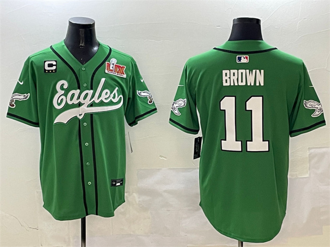Philadelphia Eagles #11 A.J. Brown Green 2025 Super Bowl LIX And 3-Star C Patch Stitched Baseball Jersey Philadelphia Eagles #11 A.J. Brown Green 2025 Super Bowl LIX And 3-Star C Patch Stitched Baseball Jersey