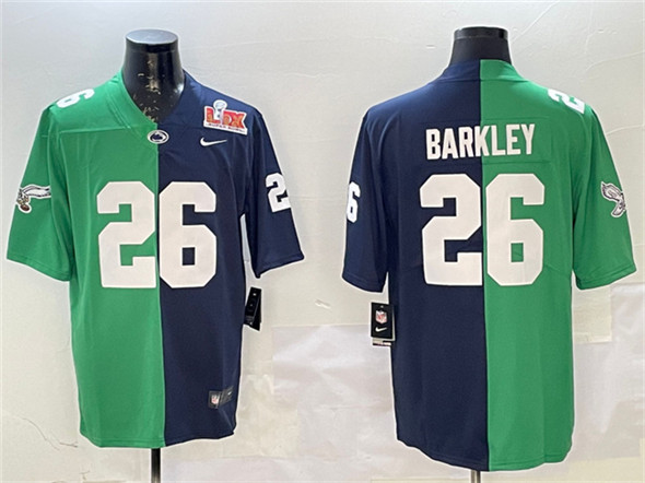 Philadelphia Eagles #26 Saquon Barkley Green & Navy Split 2025 Super Bowl LIX Patch Vapor Untouchable Limited Football Stitched Jersey Philadelphia Eagles #26 Saquon Barkley Green & Navy Split 2025 Super Bowl LIX Patch Vapor Untouchable Limited Football Stitched Jersey