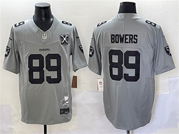 Las Vegas Raiders #89 Brock Bowers Gray 2024 F.U.S.E With Nevada Silver Stat Patch And 65th Anniversary Patch Stitched Football Jersey Las Vegas Raiders #89 Brock Bowers Gray 2024 F.U.S.E With Nevada Silver Stat Patch And 65th Anniversary Patch Stitched Football Jersey