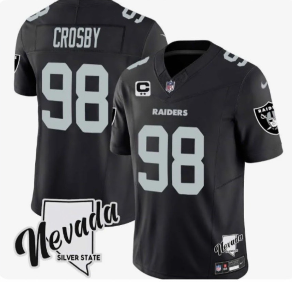 Las Vegas Raiders #98 Maxx Crosby Black 2024 F.U.S.E With Nevada Silver Stat Patch And 3-Star C Patch Stitched Football Jersey Las Vegas Raiders #98 Maxx Crosby Black 2024 F.U.S.E With Nevada Silver Stat Patch And 3-Star C Patch Stitched Football Jersey