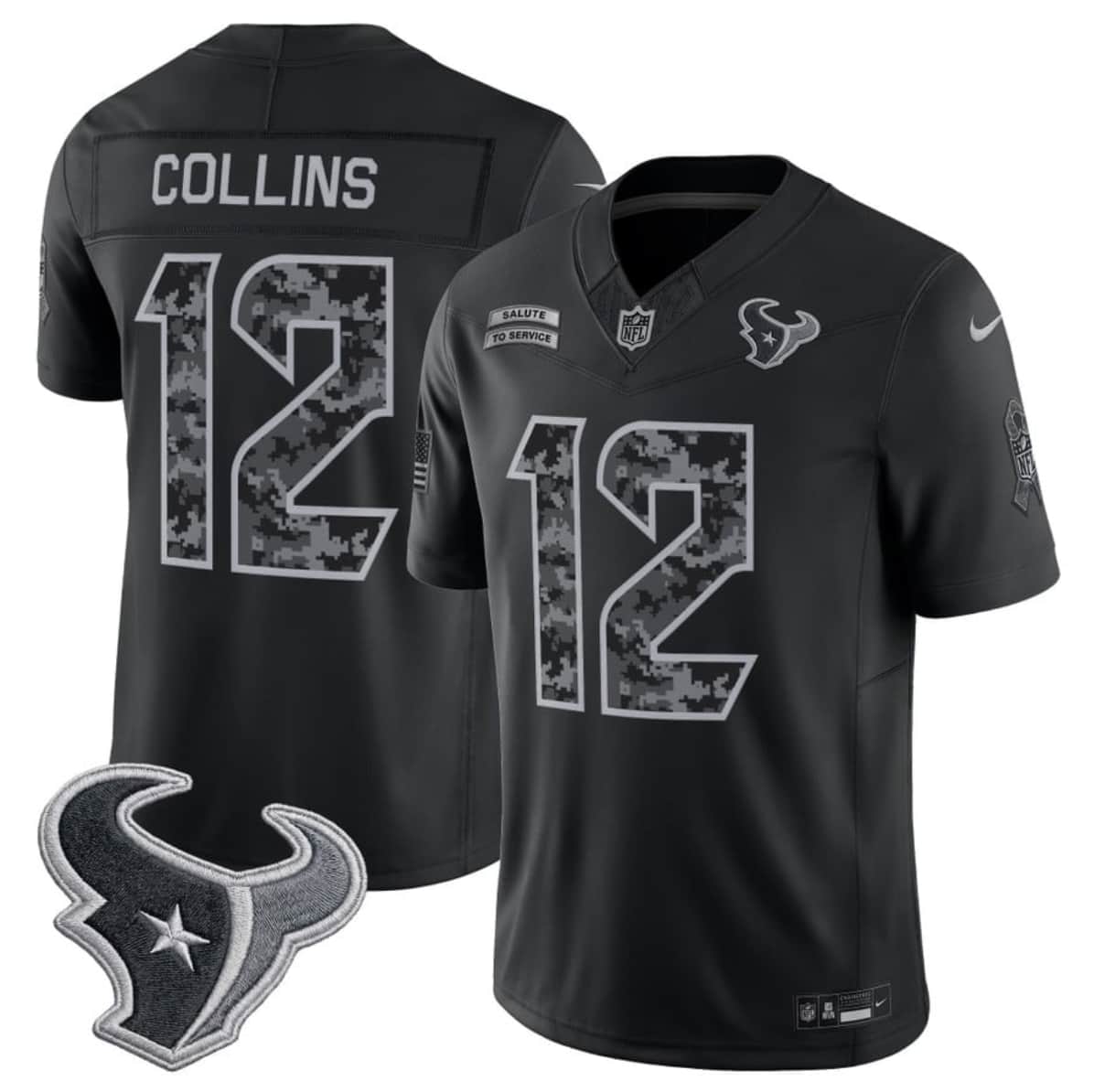 Houston Texans #12 Nico Collins Black F.U.S.E. 2026 Salute to Service Limited Football Stitched Jersey Houston Texans #12 Nico Collins Black F.U.S.E. 2026 Salute to Service Limited Football Stitched Jersey