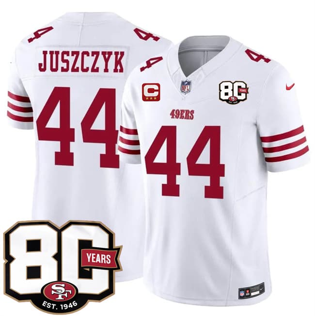 San Francisco 49ers #44 Kyle Juszczyk White 2026 F.U.S.E. With 80th Anniversary & 3-Star C Patch Vapor Untouchable Limited Stitched Football Jersey San Francisco 49ers #44 Kyle Juszczyk White 2026 F.U.S.E. With 80th Anniversary & 3-Star C Patch Vapor Untouchable Limited Stitched Football Jersey