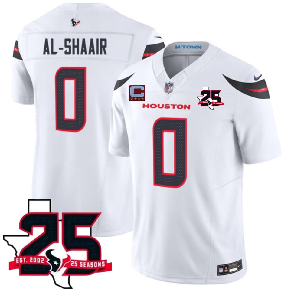Houston Texans #0 Azeez Al-Shaair White 2026 With 25th Anniversary Patch And 4-Star C Patch F.U.S.E. Vapor Limited Football Stitched Jersey Houston Texans #0 Azeez Al-Shaair White 2026 With 25th Anniversary Patch And 4-Star C Patch F.U.S.E. Vapor Limited Football Stitched Jersey