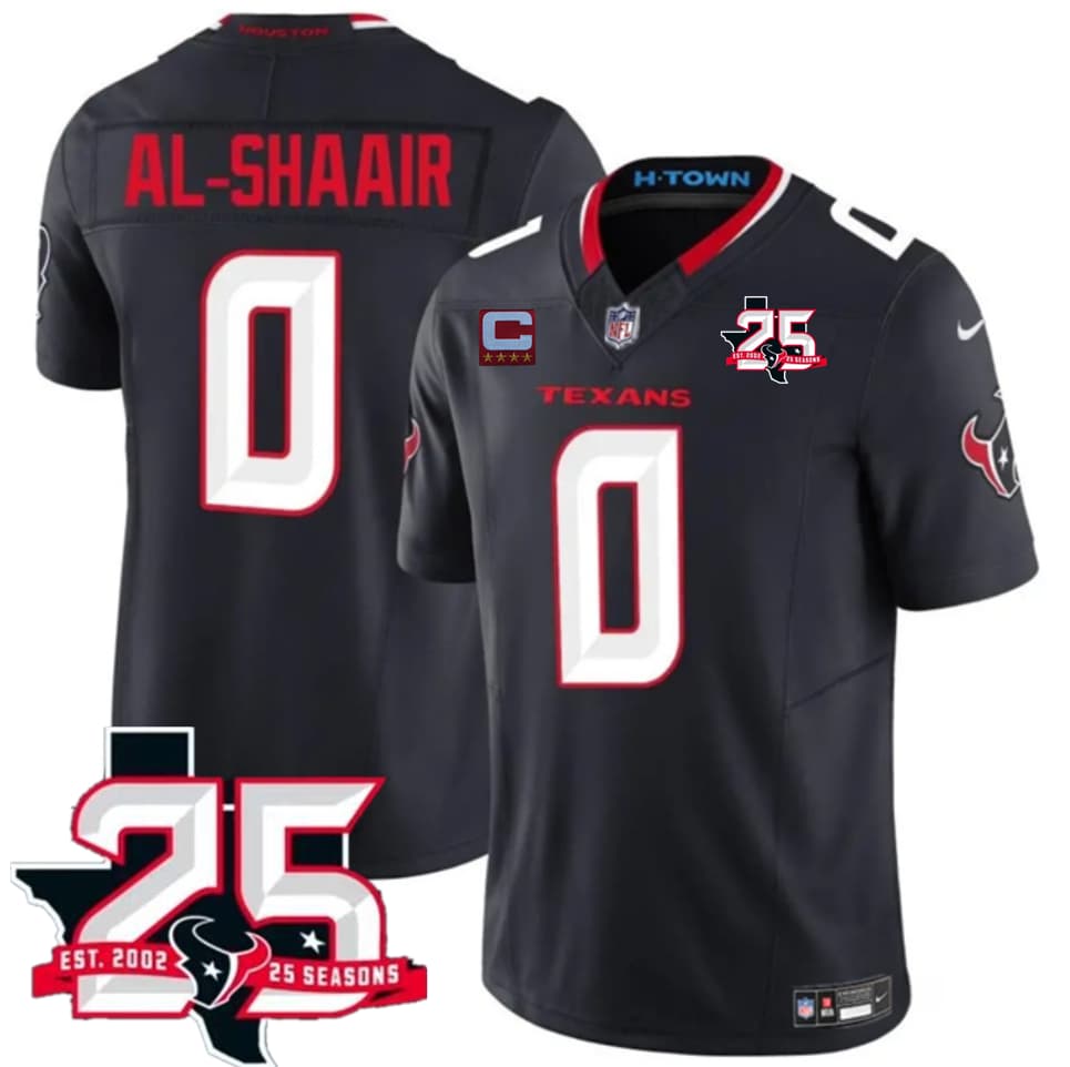 Houston Texans #0 Azeez Al-Shaair Navy 2nd Alternate 2026 With 25th Anniversary Patch And 4-Star C Patch F.U.S.E. Vapor Limited Football Stitched Jersey Houston Texans #0 Azeez Al-Shaair Navy 2nd Alternate 2026 With 25th Anniversary Patch And 4-Star C Patch F.U.S.E. Vapor Limited Football Stitched Jersey