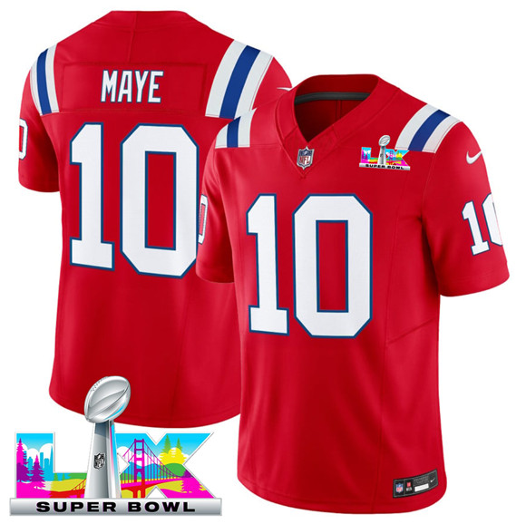 New England Patriots #10 Drake Maye Red 2025 F.U.S.E. Super Bowl LX Patch Vapor Limited Football Stitched Jersey New England Patriots #10 Drake Maye Red 2025 F.U.S.E. Super Bowl LX Patch Vapor Limited Football Stitched Jersey