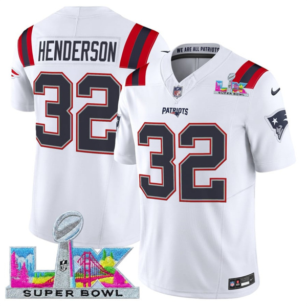 New England Patriots #32 TreVeyon Henderson White 2025 F.U.S.E. Super Bowl LX Patch Vapor Limited Football Stitched Jersey New England Patriots #32 TreVeyon Henderson White 2025 F.U.S.E. Super Bowl LX Patch Vapor Limited Football Stitched Jersey