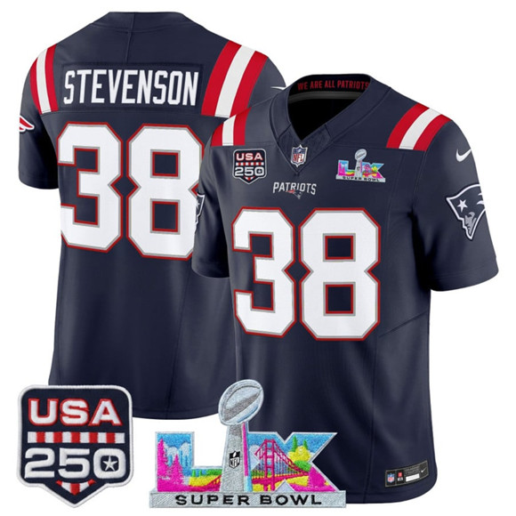New England Patriots #38 Rhamondre Stevenson Navy 2025 F.U.S.E. Super Bowl LX Patch And USA 250' Patch Vapor Limited Football Stitched Jersey New England Patriots #38 Rhamondre Stevenson Navy 2025 F.U.S.E. Super Bowl LX Patch And USA 250' Patch Vapor Limited Football Stitched Jersey
