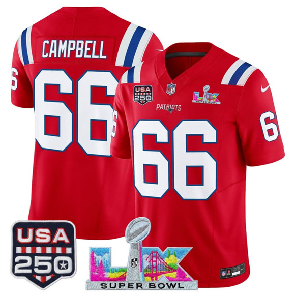 New England Patriots #66 Will Campbell Red 2025 F.U.S.E. Super Bowl LX Patch And USA 250' Patch Vapor Limited Football Stitched Jersey New England Patriots #66 Will Campbell Red 2025 F.U.S.E. Super Bowl LX Patch And USA 250' Patch Vapor Limited Football Stitched Jersey