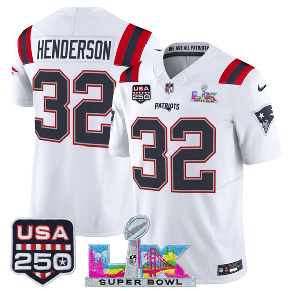 New England Patriots #32 TreVeyon Henderson White 2025 F.U.S.E. Super Bowl LX Patch And USA 250' Patch Vapor Limited Football Stitched Jersey New England Patriots #32 TreVeyon Henderson White 2025 F.U.S.E. Super Bowl LX Patch And USA 250' Patch Vapor Limited Football Stitched Jersey