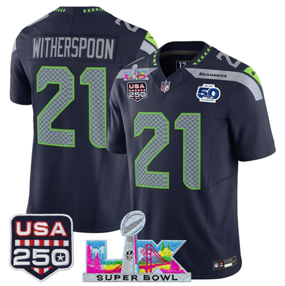 Seattle Seahawks #21 Devon Witherspoon Navy 2025 F.U.S.E. Super Bowl LX Patch And 50th Season & USA 250' Patch Vapor Limited Football Stitched Jersey Seattle Seahawks #21 Devon Witherspoon Navy 2025 F.U.S.E. Super Bowl LX Patch And 50th Season & USA 250' Patch Vapor Limited Football Stitched Jersey