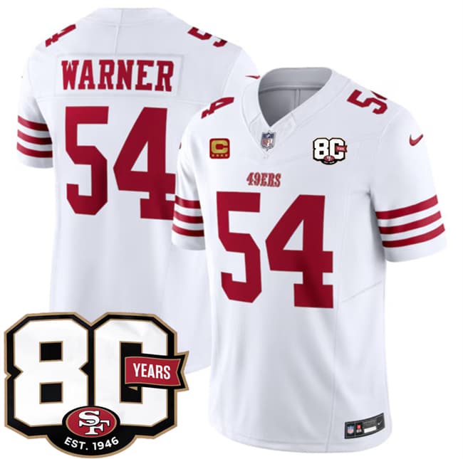 San Francisco 49ers #54 Fred Warner White 80th Anniversary Patch And 4-Star C Patch 2026 F.U.S.E. Vapor Untouchable Limited Football Stitched Jersey San Francisco 49ers #54 Fred Warner White 80th Anniversary Patch And 4-Star C Patch 2026 F.U.S.E. Vapor Untouchable Limited Football Stitched Jersey