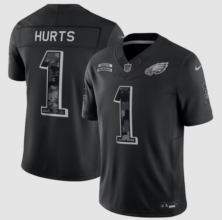 Philadelphia Eagles #1 Jalen Hurts Black 2026 F.U.S.E. Salute to Service Limited Football Stitched Jersey Philadelphia Eagles #1 Jalen Hurts Black 2026 F.U.S.E. Salute to Service Limited Football Stitched Jersey