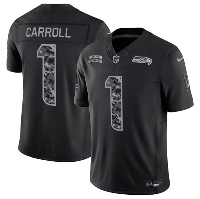 Seattle Seahawks #1 Pete Carroll Black 2026 F.U.S.E. Salute to Service Limited Football Stitched Jersey Seattle Seahawks #1 Pete Carroll Black 2026 F.U.S.E. Salute to Service Limited Football Stitched Jersey