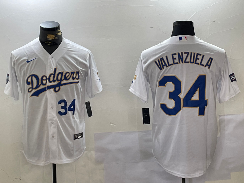 Los Angeles Dodgers #34 Fernando Valenzuela Number White Gold Championship Stitched Cool Base Nike Jerseys