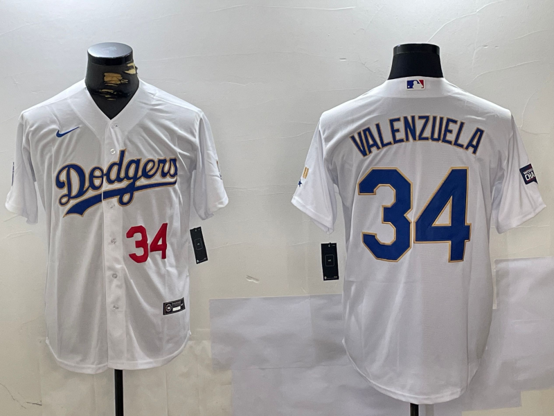 Los Angeles Dodgers #34 Fernando Valenzuela Number White Gold Championship Stitched Cool Base Nike Jersey