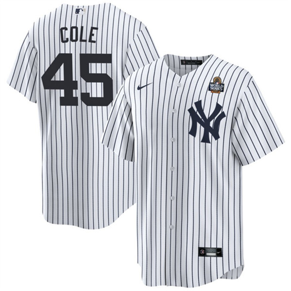 New York Yankees #45 Gerrit Cole White 2024 World Series With Name Cool Base Stitched Baseball Jersey
