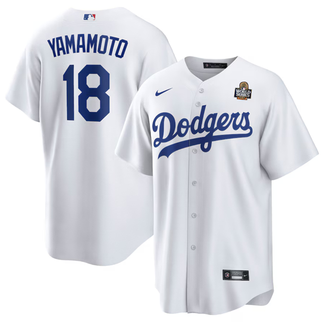 Los Angeles Dodgers #18 Yoshinobu Yamamoto White 2024 World Series Cool Base Stitched Baseball Jersey