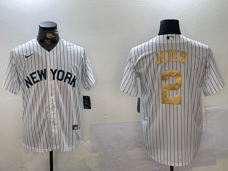 New York Yankees #2 Derek Jeter White Pinstripe Fashion Cool Base Jersey