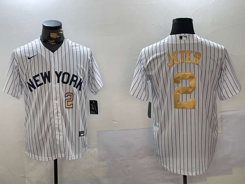 New York Yankees #2 Derek Jeter White Pinstripe Fashion Cool Base Jerseys