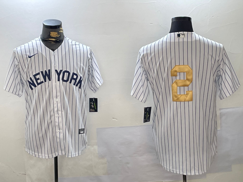 New York Yankees #2 Derek Jeter White Pinstripe Without Name Fashion Cool Base Jersey