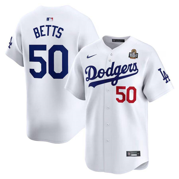 Los Angeles Dodgers #50 Mookie Betts White 2024 World Series Home Limited Cool Base Stitched Baseball Jersey
