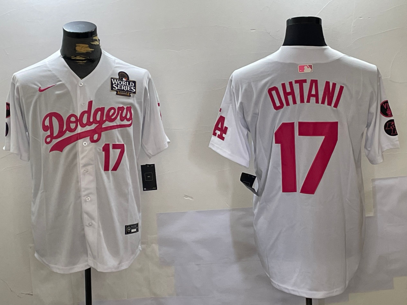 Los Angeles Dodgers #17 Shohei Ohtani Number White Pink 2024 World Series Limited Cool Base Stitched Jersey
