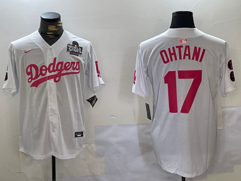 Los Angeles Dodgers #17 Shohei Ohtani Number White Pink 2024 World Series Limited Cool Base Stitched Jerseys Los Angeles Dodgers #17 Shohei Ohtani Number White Pink 2024 World Series Limited Cool Base Stitched Jerseys