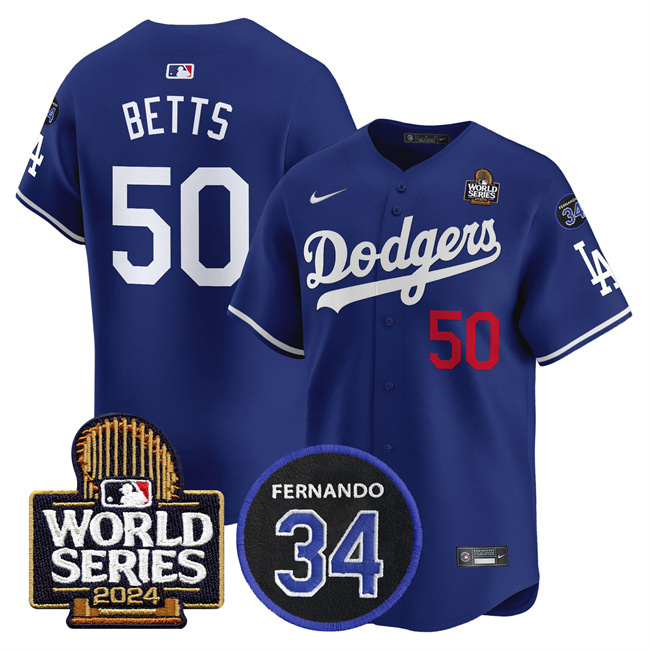 Los Angeles Dodgers #50 Mookie Betts Royal 2024 World Series With Fernando Memorial Patch Limited Stitched Baseball Jersey