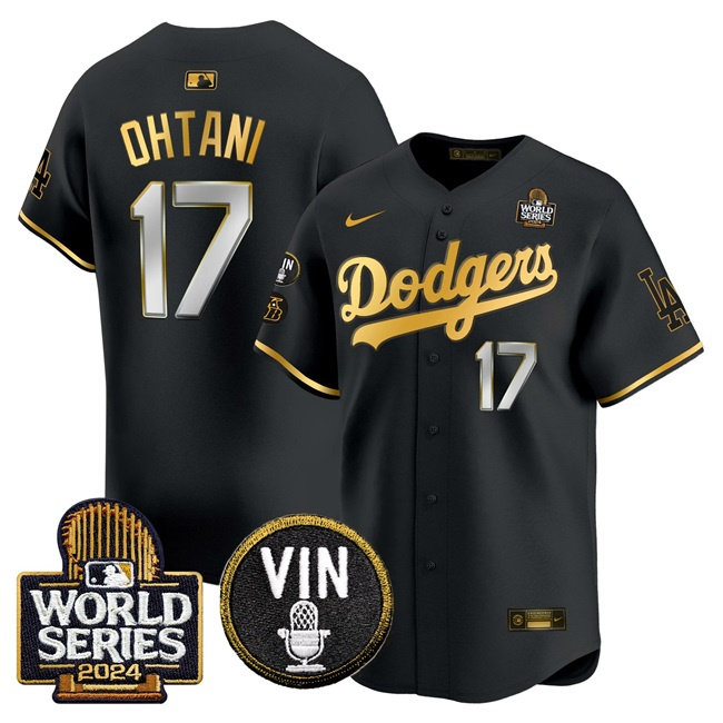 Los Angeles Dodgers #17 Shohei Ohtani Black Gold 2024 World Series Vin & Kobe Patch Limited Stitched Baseball Jersey Los Angeles Dodgers #17 Shohei Ohtani Black Gold 2024 World Series Vin & Kobe Patch Limited Stitched Baseball Jersey