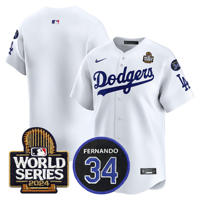 Los Angeles Dodgers Blank White 2024 World Series With Fernando Memorial Patch Limited Stitched Baseball Jersey