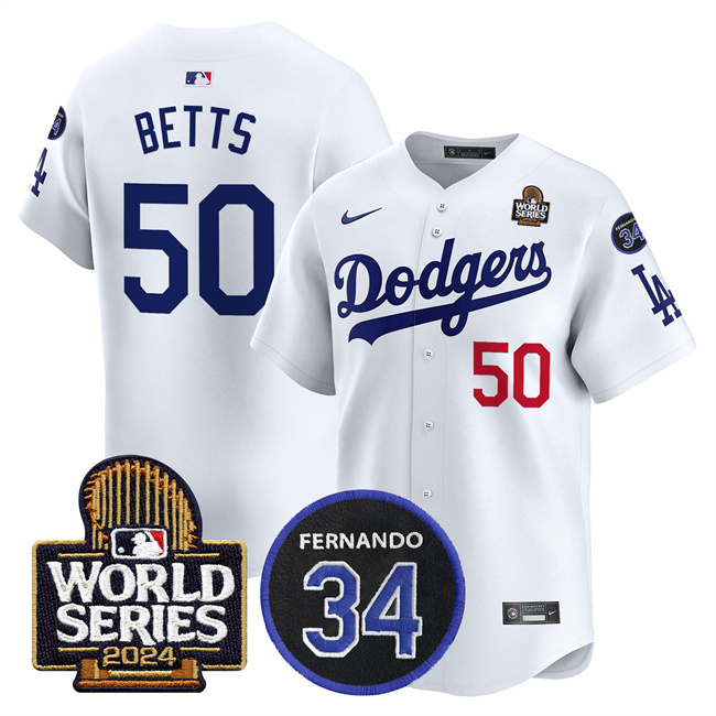 Los Angeles Dodgers #50 Mookie Betts White 2024 World Series With Fernando Memorial Patch Limited Stitched Baseball Jersey