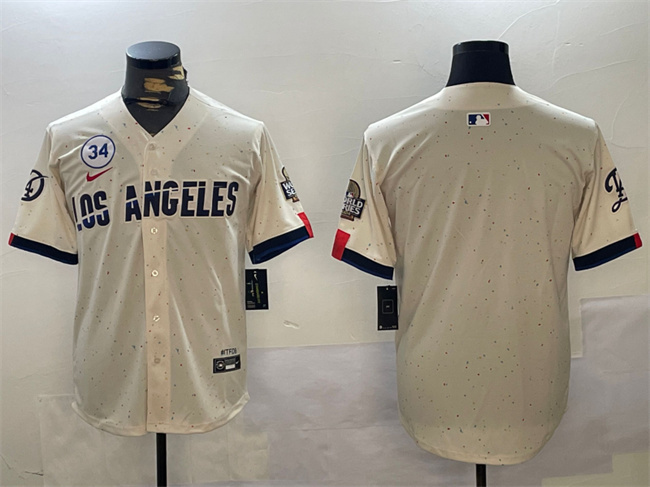 Los Angeles Dodgers Blank Cream 2024 World Series With No. 34 Patch Limited Stitched Baseball Jersey