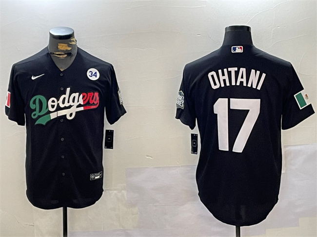 Los Angeles Dodgers #17 Shohei Ohtani Black Mexico 2024 World Series With No. 34 Patch Cool Base Stitched Baseball Jersey Los Angeles Dodgers #17 Shohei Ohtani Black Mexico 2024 World Series With No. 34 Patch Cool Base Stitched Baseball Jersey
