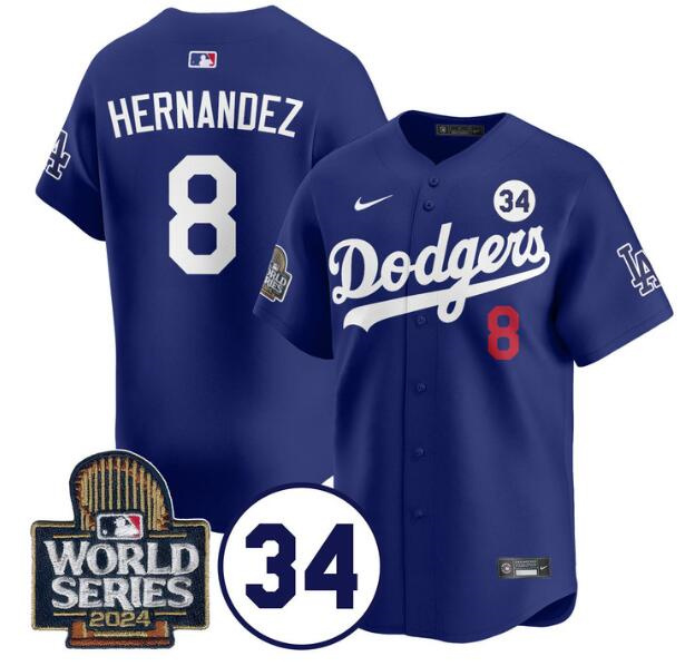 Los Angeles Dodgers #8 Enrique Hern??ndez Royal 2024 World Series With No. 34 Patch Limited Stitched Baseball Jersey