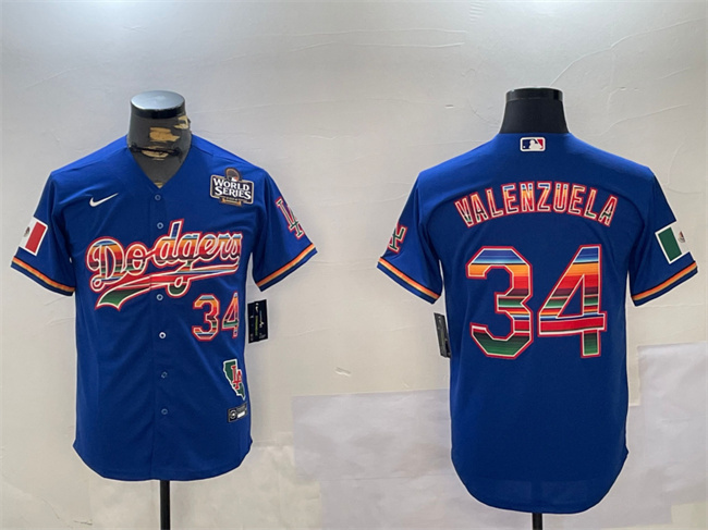 Los Angeles Dodgers #34 Fernando Valenzuela Royal 2024 World Series Mexico California Patch Cool Base Stitched Baseball Jersey