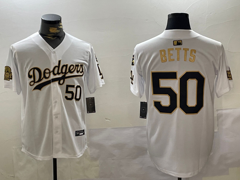 los angeles dodgers #50 mookie betts white gold 2024 world series with fernando memorial patch limited stitched baseball jersey