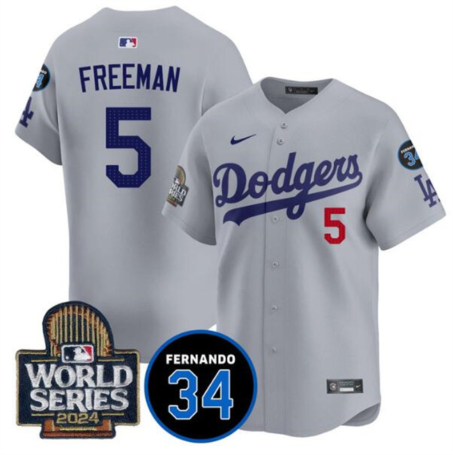 Los Angeles Dodgers #5 Freddie Freeman Grey 2024 World Series With Fernando Memorial Patch Limited Stitched Baseball Jersey