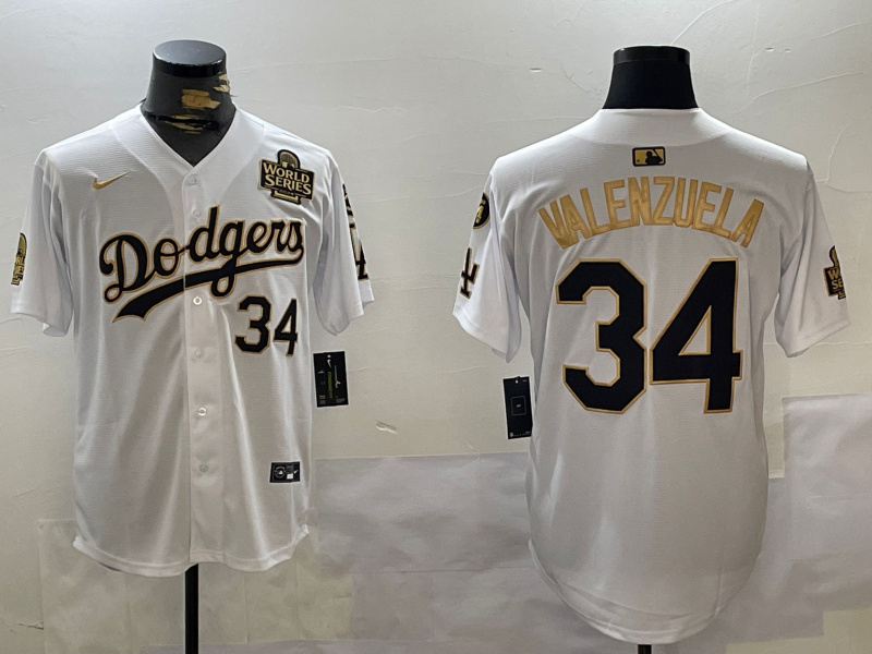 Los Angeles Dodgers #34 Toro Valenzuela White Gold 2024 World Series With Fernando Memorial Patch Limited Stitched Baseball Jersey