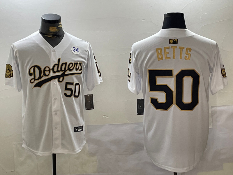 Los Angeles Dodgers #50 Mookie Betts White Gold 2024 World Series With Fernando Memorial Patch Limited Stitched Baseball Jersey
