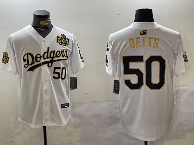 Los Angeles Dodgers #50 Mookie Betts White Gold 2024 World Series With Fernando Memorial Patch Limited Stitched Baseball Jerseys